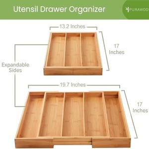 Purawood Bamboo Drawer Organizer 5 Compartment Expandable Kitchen <b>Storage</b> <b>Tray</b> Natural Wood Color - Product Image 2
