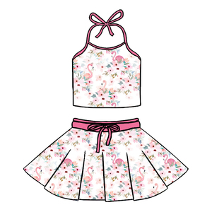 Conjunto de 2 Piezas para Niñas, Top Halter y Falda de Seda Láctea, Estampado Completo, Informal, Transpirable, Ropa de Verano para Niños, Personalizable - Product Image 5