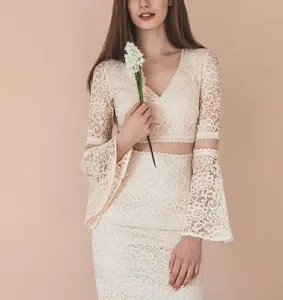 Nuovo abito da sposa in pizzo midi all'ingrosso abito da sposa in vita trasparente bianco per le donne abito da damigella d'onore da sera Sexy elegante