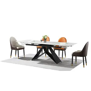 Modern cheapest dinette sets concrete ceramic top Carbon steel legs black marble console dining table chairs set