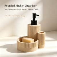 Distributeur de savon liquide en polyrésine écologique beige, design colonne romaine cannelée, avec bouteille rechargeable et support d'évier de cuisine