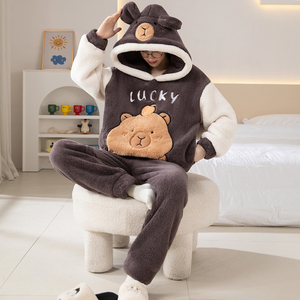 Ensembles de vêtements de nuit hiver pyjamas à capuche en peluche pour hommes adolescents pyjamas de dessin animé épais doublés de polaire - Product Image 4
