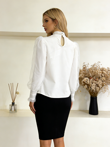 Blusa Elegante Informal para Mujer, Lisa, Transparente, con Ribete de Encaje, Manga Abullonada, Cuello Redondo, para Primavera, Verano, Otoño, Ropa de Trabajo - Product Image 4