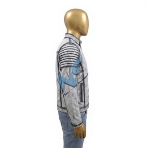 <b>White</b> Leather <b>Biker</b> <b>Jacket</b> Men Distressed Stand Collar Vintage Front Logo Embossed - Product Image 3