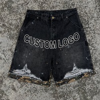 Shorts en jean noir baggy déchirés et vieillis, style streetwear vintage, avec logo personnalisé OEM, patchwork épais pour homme