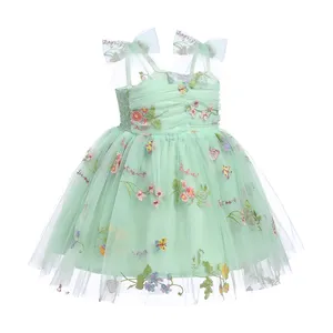 Floral Butterfly Tulle Sleeveless Summer Dress Strap Design Smocked Back Knee Length Princess Party Kids Dresses
