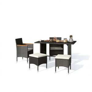 Ensemble de meubles de jardin en rotin, 4 places, design contemporain, structure noire avec coussins crème, pour terrasse - Product Image 1