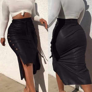 Lady Casual Fashion PU Button <strong>Skirt</strong> Slit With Belt <strong>Brown</strong> <strong>Leather</strong> <strong>Skirts</strong> for Women - Product Image 4