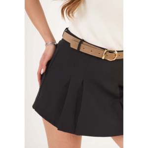 LUSTRIN Black Pleated Mini <b>Skirt</b>-Shorts with Belt Detail for Women - Stylish and Comfortable Polyester Blend Design - Product Image 6