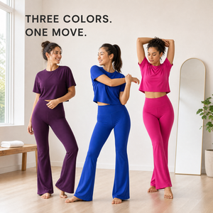 Ensemble 2 pièces de sport et yoga pour femme grande taille avec logo personnalisé, taille élastique, manches courtes amples et leggings évasés taille haute - Product Image 6