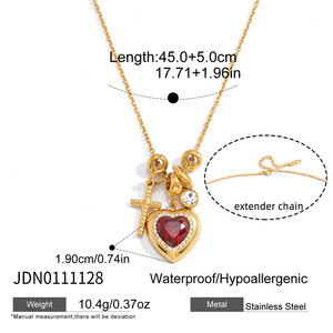 Collana con Cuore in Acciaio Inossidabile Placcato Oro 18K, Ciondolo con Zircone Rosso e Perla, Gioiello Impermeabile per Regali di San Valentino - Product Image 3
