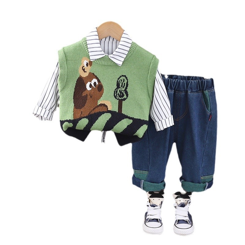 Boys' Spring Set 2025 New Cute and Fashion Style Baby Sweater 3-Piece Vest Set Clothes Set