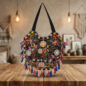 Sac à bandoulière artisanal brodé éléphant de qualité supérieure, style bohème hippie en coton, sacoche décontractée d'été - Product Image 2