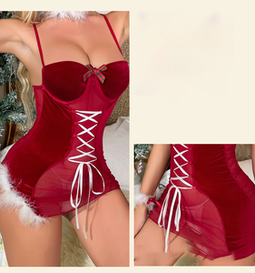 Vestido de Navidad Sexy Red Velvet Fur Trim Camisón Logotipo personalizado Tentación Sweet Girls Lencería para mujeres <span class=keywords><strong>tetonas</strong></span> - Product Image 6