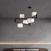 Lustre suspendu LED linéaire carré en marbre d'albâtre espagnol et cuivre, design de luxe pour table de salle à manger de villa et bar