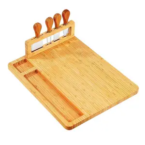 Хит продаж, Бамбуковая доска для сыра, набор из четырех предметов, твердая деревянная доска для сыра, приготовленная пищевая доска, набор ножей и вилок