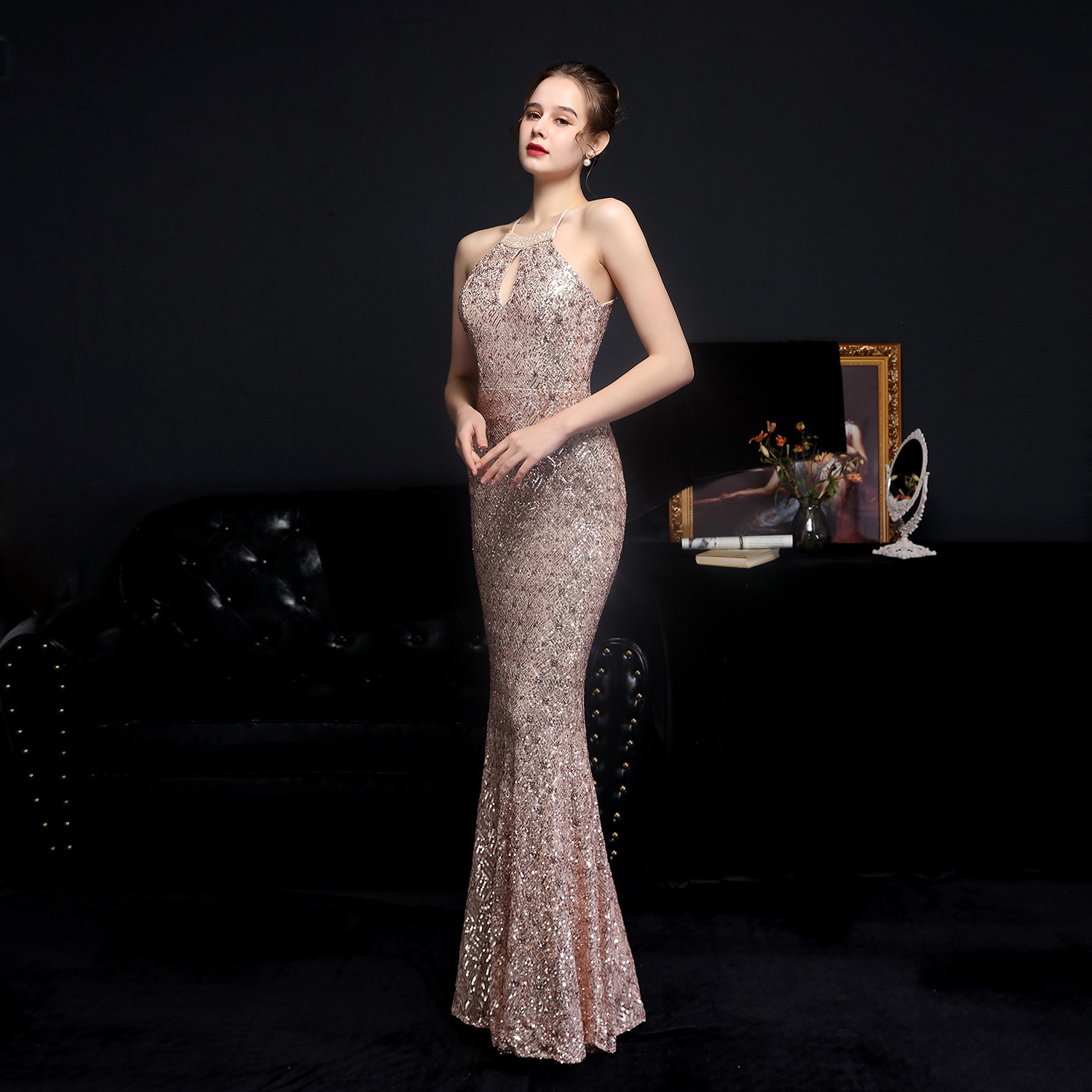 Chowsir Women's Halter Neck Sequin Fishtail Dress - Elegant Long Evening Gown For Cocktail Parties & Weddings