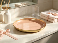 Plateau rond en fer avec bord doré, revêtement poudré rose, plateau de décoration pour la maison, organiseur de cosmétiques et de collations