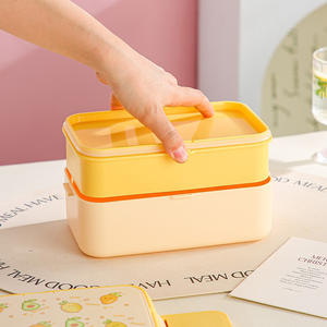 Boîte à lunch rectangulaire à double couche de style japonais créatif, avec couvercle en plastique, cuillère et fourchette, pour adultes, usage au bureau - Product Image 3