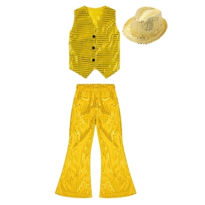 Kids Hand-wash Sparkly Jazz Stage Style Full Sequin V-neck Vest and Flared <b>Pants</b> 3 Piece Set for Boys Girls Custom Performance - Product Image 4