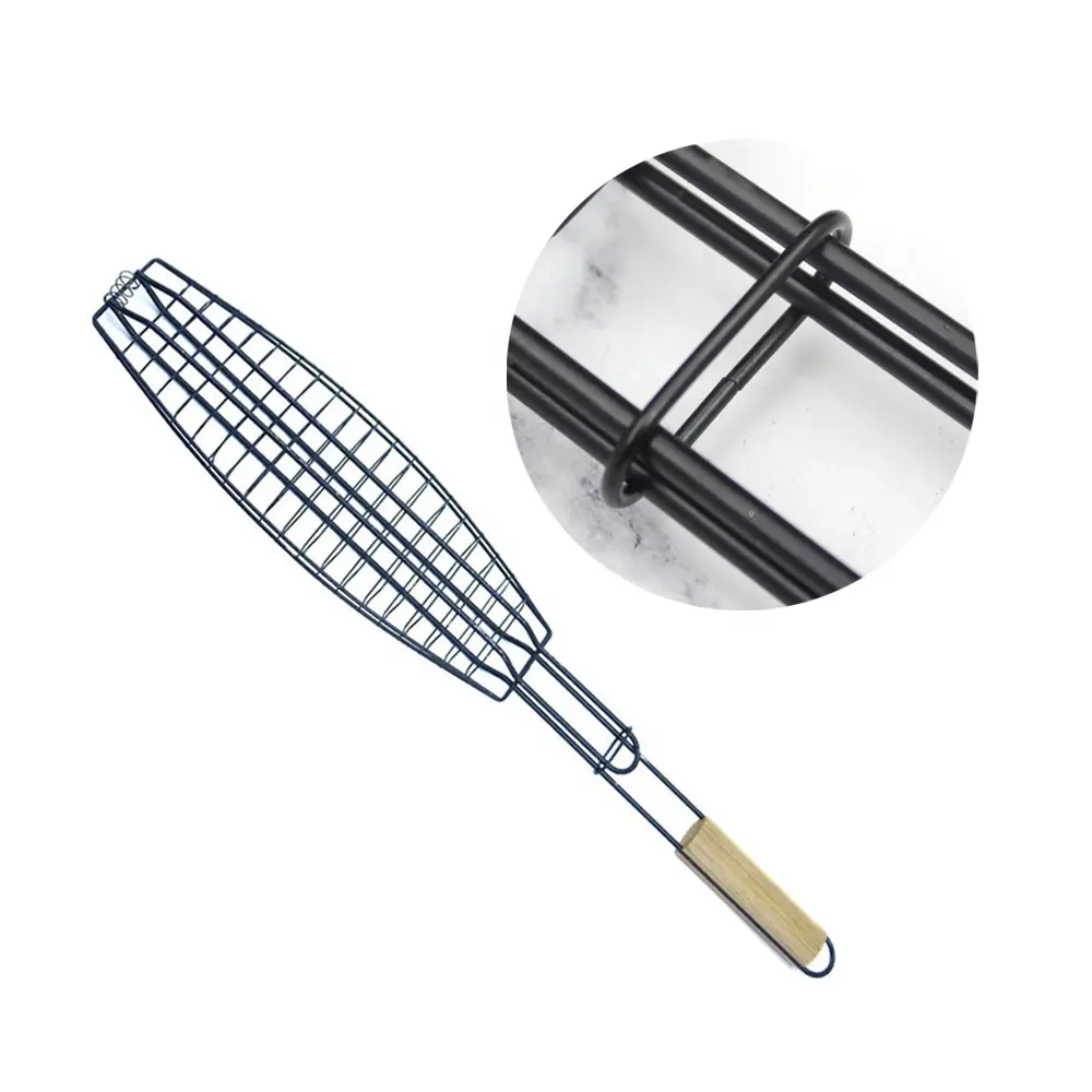 Edelstahl Antihaft-XL-BBQ-Grillkorb wasserdichtes Bambuszubehör zum Kochen mit Holzkohle oder Stock zum Grillen von Fisch