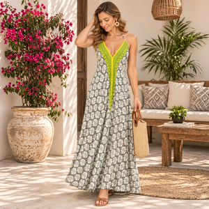 Vestido Maxi Boho con Cuello en V, Estampado Floral, Tirantes Finos, Corte Holgado, Vestido Casual de Verano para Mujer, Tejido Transpirable - Product Image 1