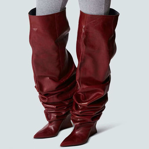 Pleated Loose Upper Long Booties Women Wide Top Baggy High Wedge Heels Shoes Over the Knee Sexy Pointy Toe Pumps - Product Image 1