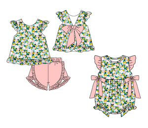 Conjuntos de Pantalones Cortos para Niños, Personalizados, Casuales, con Estampado Floral, de Algodón y Elastano, Transpirables, para Primavera y Otoño, con Lazos Grandes, Ropa para Bebés - Product Image 1