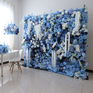 ฉากหลังดอกไม้ประดิษฐ์ดีไซน์ใหม่ ขนาด 8 ฟุต x 8 ฟุต สีฟ้า ดอกเบญจมาศ ไฮเดรนเยีย กุหลาบ สำหรับตกแต่งงานเลี้ยงฉลองเด็กแรกเกิด - Product Image 2