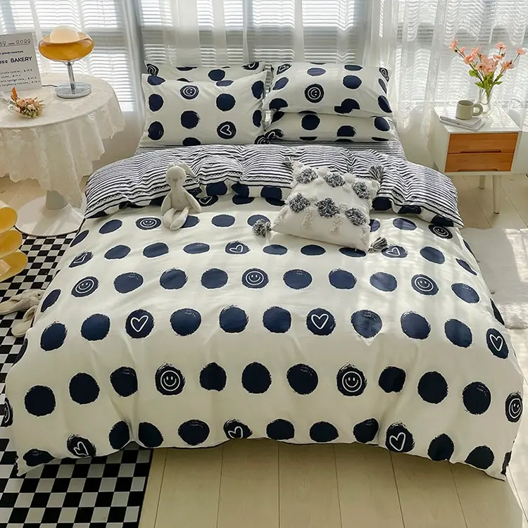 Dot printing Luxury Wholesale King size Quilt Bed Sheet Cotton Cover Bedding Sets Hotel 100% Bedspread And Matching Curtains