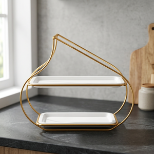 Plateau décoratif rectangulaire à deux niveaux en céramique plaqué or avec poignée, design minimaliste, pour la décoration de la maison - Product Image 1