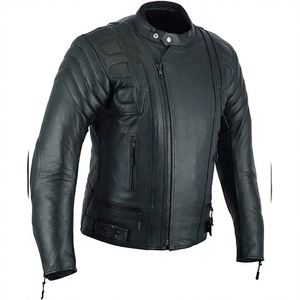 Chaqueta de Motociclista para Hombre, Negra, de Cuero Genuino, con Cuello Mao, Cierre de Cremallera, Corte Ajustado, Resistente al Viento, para Invierno - Product Image 3