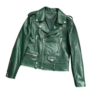 设计压花摩托车风格绿色正品羊皮女式短皮夹克