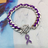 Bracelet de sensibilisation ruban violet, chaîne métallique, cordon tressé violet, fermoir à bascule, bijou de charité locale, cadeau