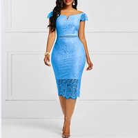 Nouvelle Mode Robe de Soirée Décontractée Femme Sans Manches Épaules Dénudées à Fermeture Éclair au Dos en Dentelle Coupe Crayon Ajustée