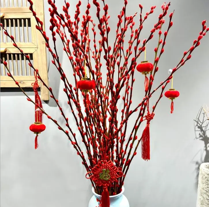Flor roja de sauce para decoración del hogar y tienda, flor de sauce seca para Año Nuevo