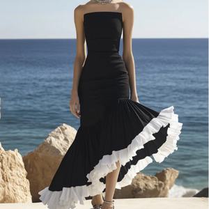 เดรสยาวทรงปล่อยชายระบาย ผ้าฝ้ายสีดำขาว ดีไซน์ใหม่สวยหรู สำหรับผู้หญิง - Product Image 1