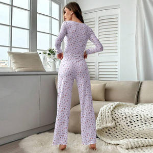 Sleepwear <b>Women</b> Floral Print Lettuce Trim Top with Long Pant Lovely Loungewear Full Sleeve <b>Nightwear</b> Spring Autumn Pajamas Set - Product Image 4