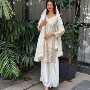 Traje Tradicional de Eid para Fiesta, de Secado Rápido, para Todas las Temporadas, Corte Regular para Mujer, Salwar Kameez de Seda Chinnon Pura, Top, Pantalón Plazzo y Dupatta - Product Image 1