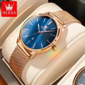 OLEVS 5869优雅玫瑰金女式石英表透明水晶大表盘日期显示简约休闲腕表