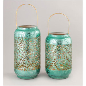 Turquoise Metal Lantern <b>Set</b> Of 3 Round With Gold Accents And Handle - Product Image 6