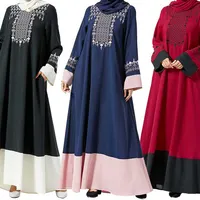 Vestido largo musulmán de abaya con panel de contraste bordado de plantas a la moda de Oriente Medio