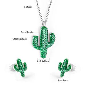 Parure de bijoux pour femme en acier inoxydable plaqué or 18 carats, motif cactus estival brillant et serti de diamants, comprenant un collier et des boucles d'oreilles - Product Image 5