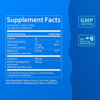Poudre de magnésium glycinate, ashwagandha, L-théanine, vitamine D3, framboise, citron pour le sommeil et le soulagement du stress chez l'adulte, réduction du cortisol