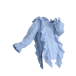 Women's <b>Light</b> Blue Ruffle Blouse Long Sleeve <b>Balloon</b> Sleeve Turn-down Collar Button Down Loose Fit Spring Summer Solid Color - Product Image 1