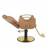 Fauteuil de barbier hydraulique en cuir PVC marron inclinable, réglable en hauteur avec base dorée pour salon de coiffure