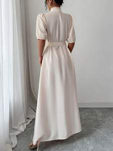 Vestido Largo Bohemio Vintage de Línea A, Tejido 100% Algodón, Manga Corta, Solapa Bordada, Cintura Natural, Tinte Liso, Lavable, con Bolsillos - Product Image 4