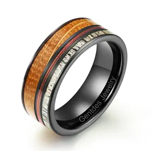 Gentdes Jewelry Flat 8mm Black Tungsten Ring With Whiskey Barreal Wood And Fish Line Ring And Deer Antler Inlay Jewelry