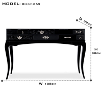 Table console élégante au design moderne avec verre transparent, accents en acajou et laiton, et tiroirs laqués faits à la main