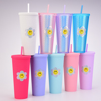 Prêt à expédier tasse en plastique réutilisable colorée à double paroi 24oz gobelet en diamant clouté tasse à boisson froide avec paille